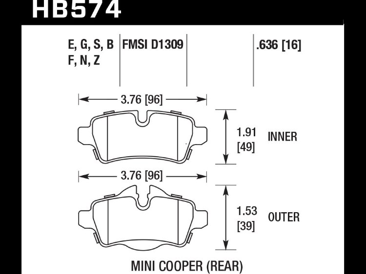 Колодки тормозные HB574S.636 HAWK HT-10 задние MINI COOPER 2 (R56) / BMW 1 (E87) 116i, 118i