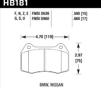 Колодки тормозные HB181F.590 HAWK HPS передние Nissan Skyline GT-R R33 / R34; Honda Integra DC5