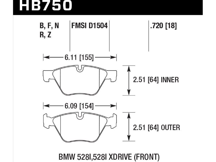 Колодки тормозные HB750Z.720 HAWK PC BMW 5 F10; 5 F11; 5 F18; 18mm