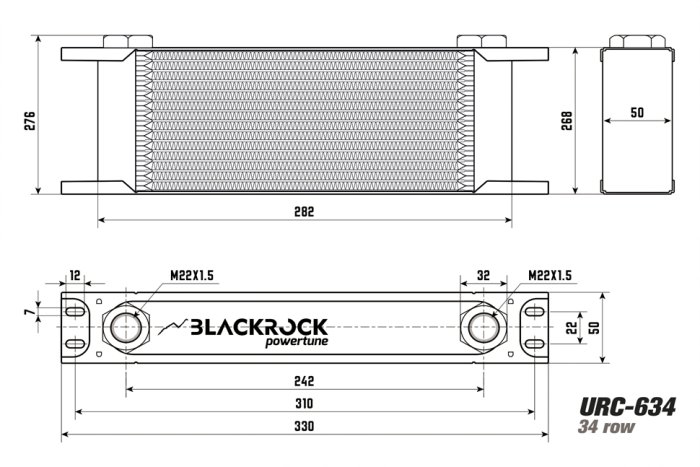 Радиатор масляный 34 ряда; 330 mm ширина; STD-RС (M22x1,5 выход) BlackRock Lab, URC-634