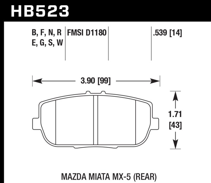 Колодки тормозные HB523N.539 HAWK HP+ Mazda Miata MX-5 NC; ND задние