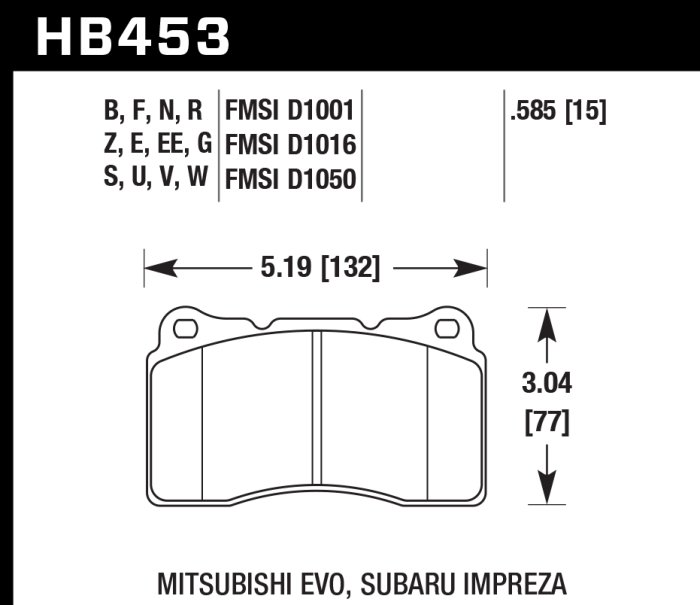 Колодки тормозные HB453D.585 HAWK ER-1 передние Lancer Evo V-X; SUBARU WRX STI; MEGAN RS; TESLA S, X