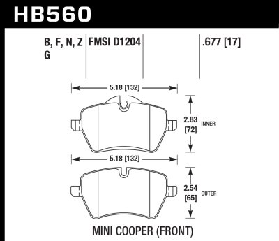 Колодки тормозные HB560N.677 HAWK HP Plus передние MINI COOPER S II