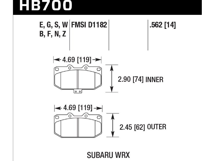 Колодки тормозные HB700G.562 HAWK DTC-60 перед Subaru WRX