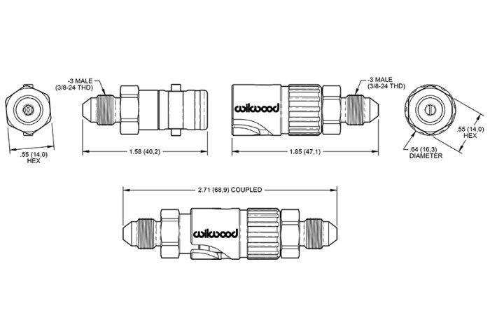 Быстросъёмный разъём П AN03 - П AN03, для тормозных шлангов, алюминий, Wilwood, 260-16771