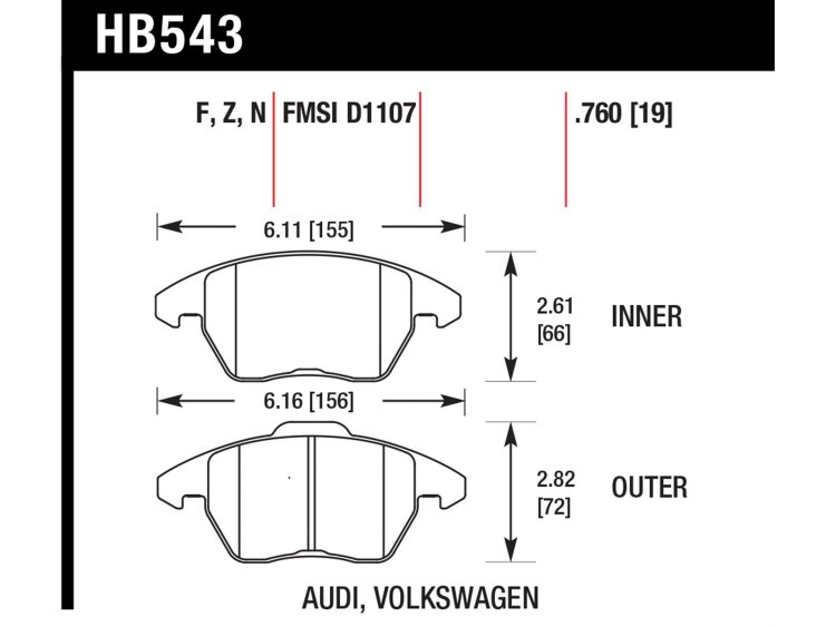 Колодки тормозные HB543Z.760 HAWK PC передние AUDI A3 / VW Golf 5,6 , Passat CC, B6, B7