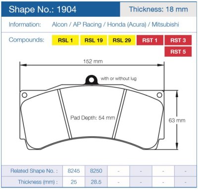 Колодки тормозные 1904-RSL29 PAGID RSL29 AP RACING 9660; CP3905D54; ST-60; 18 mm