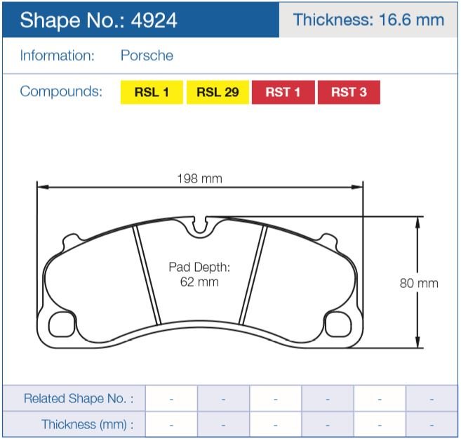Колодки тормозные 4924-RSL1 PAGID RSL1 (HB848) перед Porsche 911 Turbo, GT3 2013-> ; Cayman GT4
