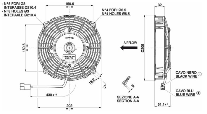 Вентилятор толкающий (перед радиатором) 7.5" (190mm) 690 м3/ч SPAL VA14-AP11/C-34S