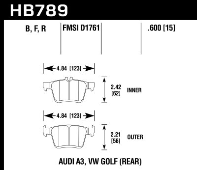 Колодки тормозные HB789B.600 HAWK STREET 5.0, задние A3 8V; TT 8S; GOLF 7; PASSAT 3G; 