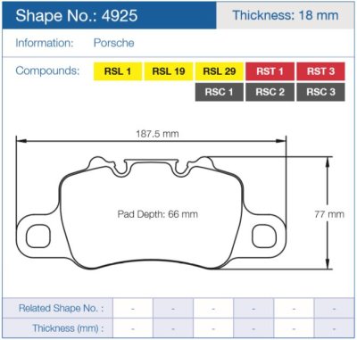 Колодки тормозные 4925-RSL1 PAGID RSL1 (HB850) задние PORSCHE 911 (991) GT3; CAYMAN 718 GT4