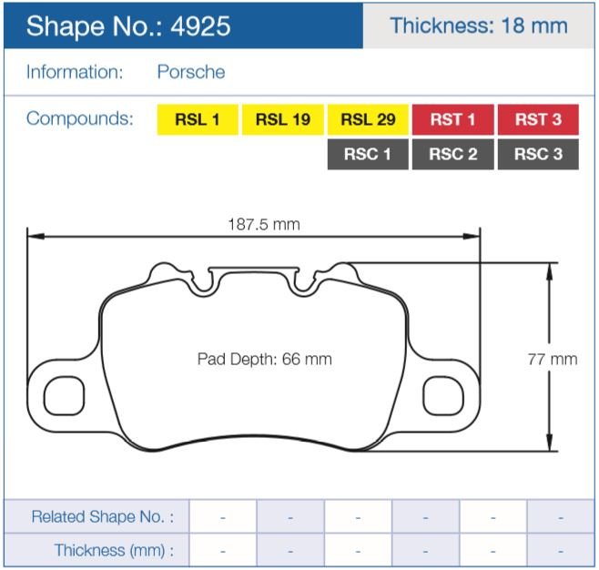 Колодки тормозные 4925-RSL1 PAGID RSL1 (HB850) задние PORSCHE 911 (991) GT3; CAYMAN 718 GT4