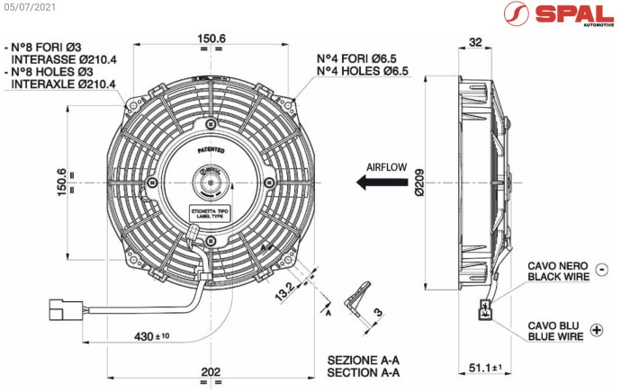 Вентилятор толкающий (перед радиатором) 7.5" (190mm) 590 м3/ч SPAL VA14-AP7/C-34S