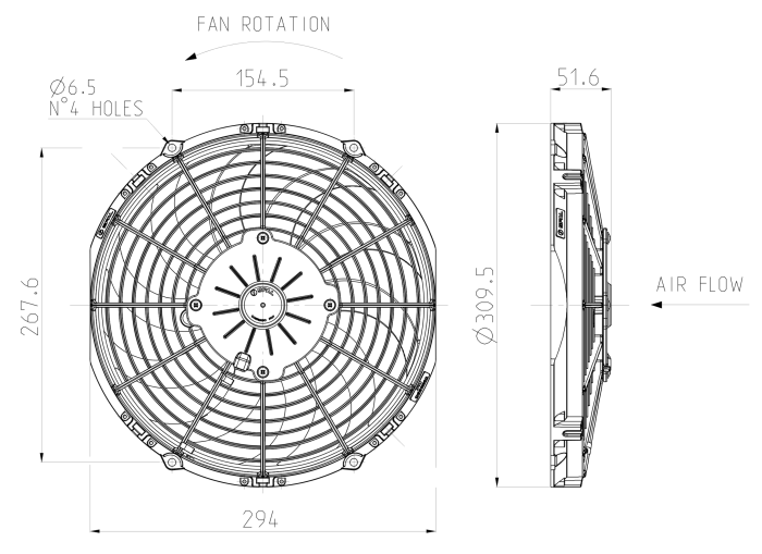 Вентилятор толкающий (перед радиатором) 11" (280mm) 1430 м3/ч SPAL VA09-AP12/C-54S