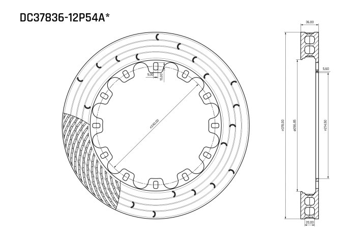 Ротор тормозного диска 378*36mm, DC Brakes DC37836-12P54A, (378*35,5mm)