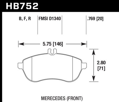 Колодки тормозные HB752F.769 HAWK HPS; 20mm MB C W204; E W212; SLK R172