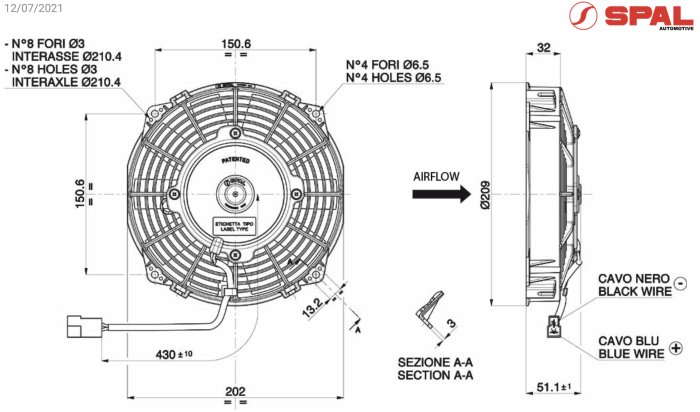 Вентилятор втягивающий (за радиатором) 7,5" (190mm) 730 м3/ч SPAL VA14-AP11/C-34A