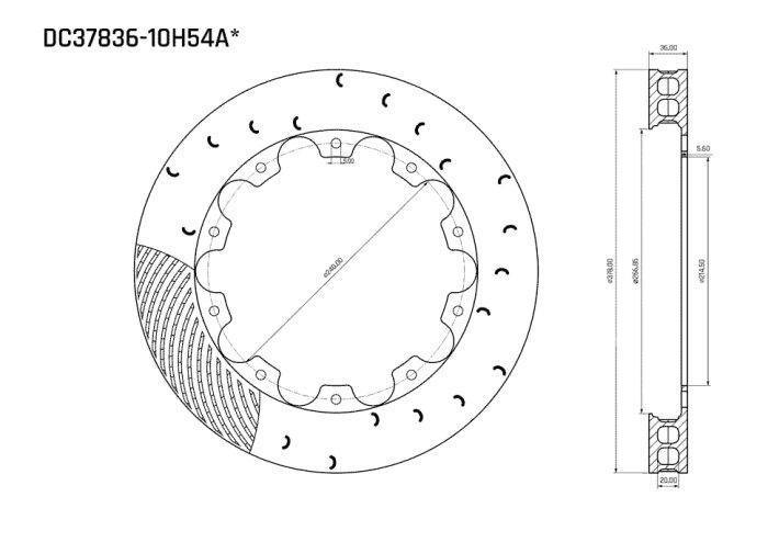 Ротор тормозного диска 378*36mm, DC Brakes DC37836-10H54A, H крепеж