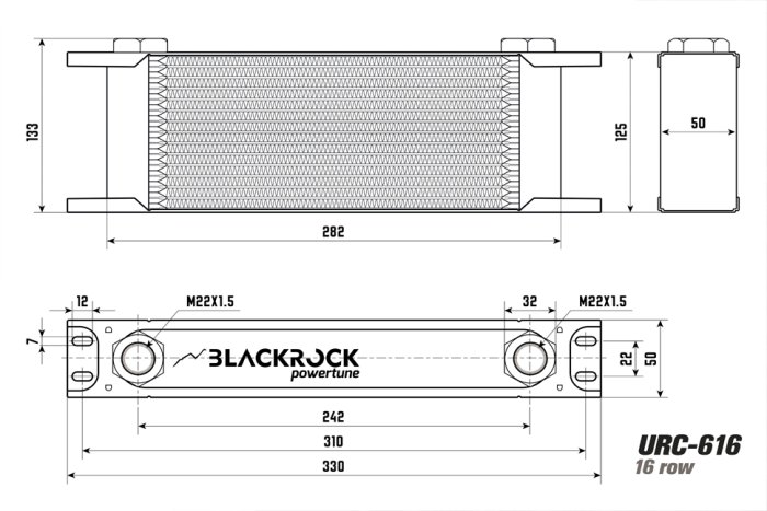 Радиатор масляный 16 рядов; 330 mm ширина; STD-RС (M22x1,5 выход) BlackRock Lab, URC-616
