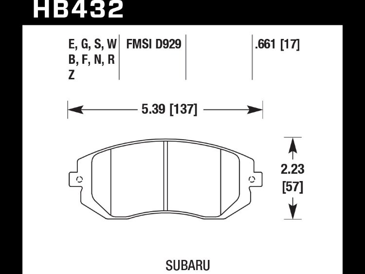 Колодки тормозные HB432G.661 HAWK DTC-60 Subaru 17 mm