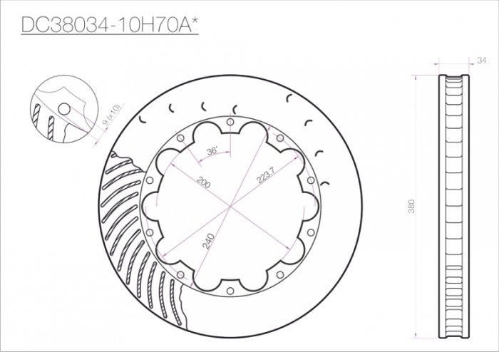 Ротор тормозного диска 380*34mm, DC Brakes DC38034-10H70A, H крепеж,Nissan GT-R 2007-2011 перед,