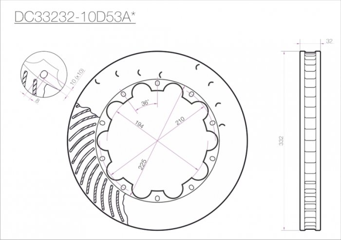 Ротор тормозного диска 332*32mm, DC Brakes DC33232-10D53A, D крепеж, (Brembo, JBT)