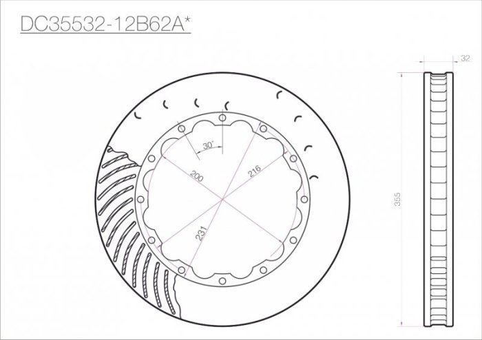 Ротор тормозного диска 355*32mm, DC Brakes DC35532-12B62A, крепеж под болты
