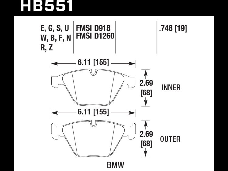 Колодки тормозные HB551B.748 HAWK Street 5.0 передние BMW 3 (E90,91,92) 335i,  M3 E90, 5 E60, 6 E63,