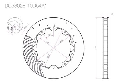 Ротор тормозного диска 380*28mm, DC Brakes DC38028-10D54A, D крепеж, (Brembo, JBT)