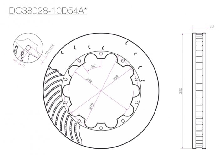 Ротор тормозного диска 380*28mm, DC Brakes DC38028-10D54A, D крепеж, (Brembo, JBT)