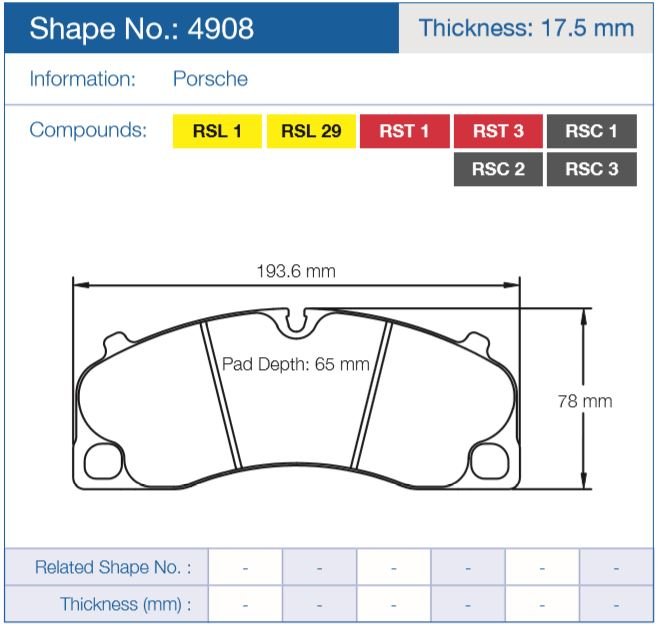 Колодки тормозные 4908-RSL1 PAGID RSL1 (HB905) Porsche 911 Carrera (991) перед