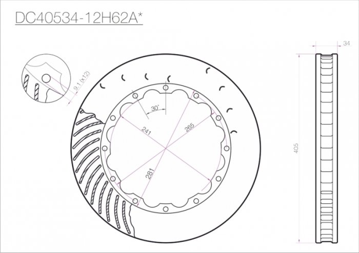 Ротор тормозного диска 405*34mm, DC Brakes DC40534-12H62A, H крепеж, (Brembo, JBT)
