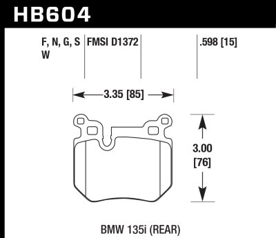 Колодки тормозные HB604F.598 HAWK HPS задние BMW 135i  (E88), (E82)
