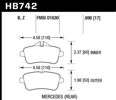 Колодки тормозные HB742B.690 HAWK Street 5.0 зад MB A W176 45AMG; CLA C117 45AMG; SLK R172 55AMG;