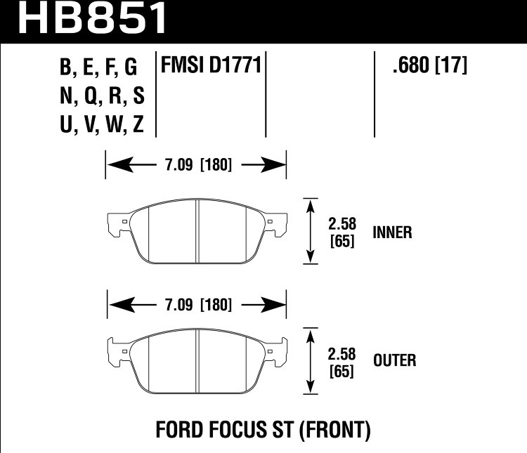 Колодки тормозные HB851G.680 HAWK DTC-60 D1771 Ford Focus ST (Front)