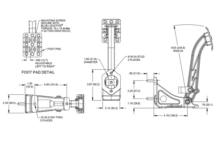 Педальный узел, напольное крепление, 6:1, под один цилиндр Wilwood, 340-13833