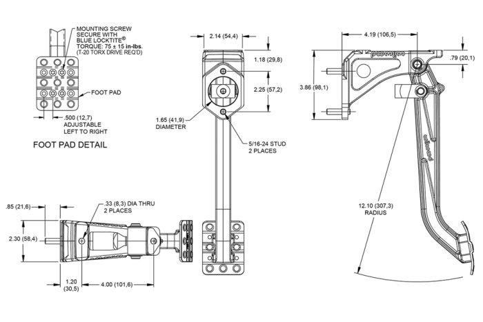 Педальный узел, вертикальное крепление, 7:1, под один цилиндр Wilwood, 340-13834