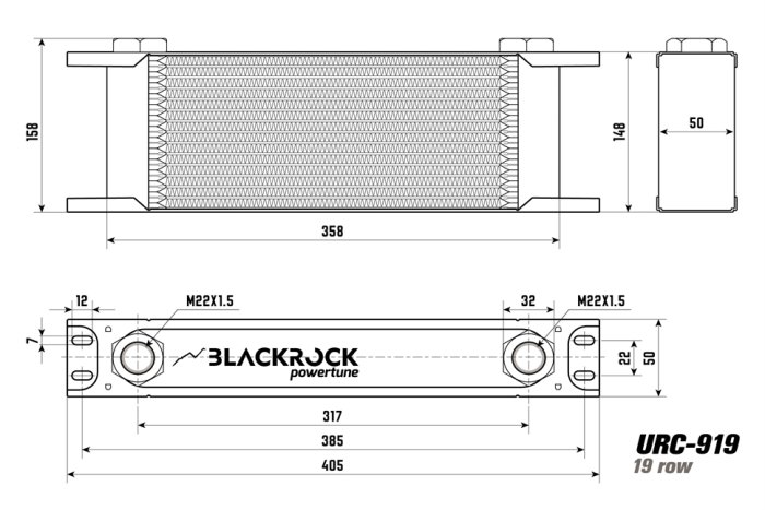 Радиатор масляный 19 рядов; 405 mm ширина; STD-RС (M22x1,5 выход) BlackRock Lab, URC-919