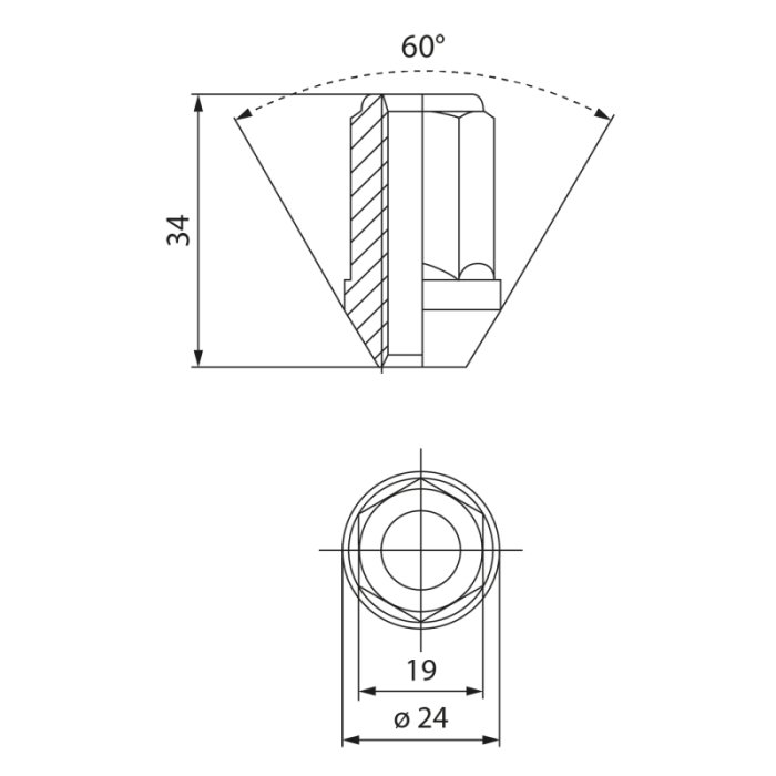 Гайка колёсная посадка конус, резьба M12 x 1.25 mm; H=34mm, сталь, EvoCorse CM0751830040