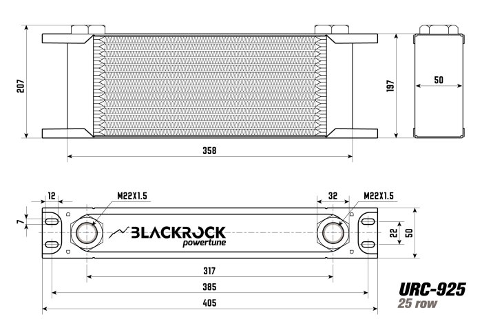 Радиатор масляный 25 рядов; 405 mm ширина; STD-RС (M22x1,5 выход) BlackRock Lab, URC-925