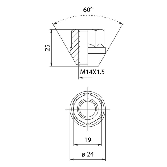Гайка колёсная посадка конус, резьба M14 x 1.5 mm; H=25mm, сталь, EvoCorse CM0750560040