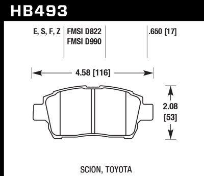 Колодки тормозные HB493E.650 HAWK Blue 9012 Scion, Toyota 17 mm