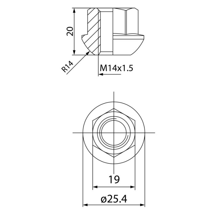 Гайка колёсная посадка сфера, резьба M14 x 1.5 mm; H=20mm, сталь, EvoCorse CM0750570010