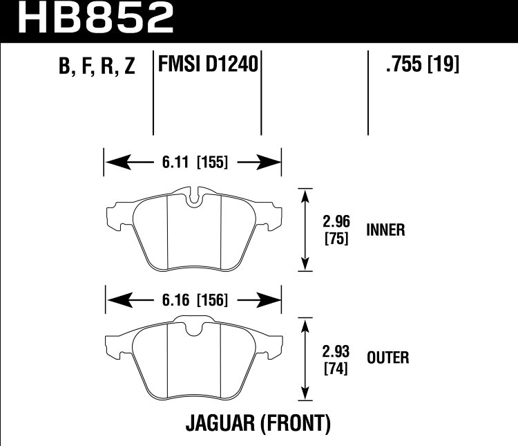 Колодки тормозные HB852B.755 HAWK HPS 5.0 Jaguar передние XJ (350, 358, 351); XF (250); XK; S-Type