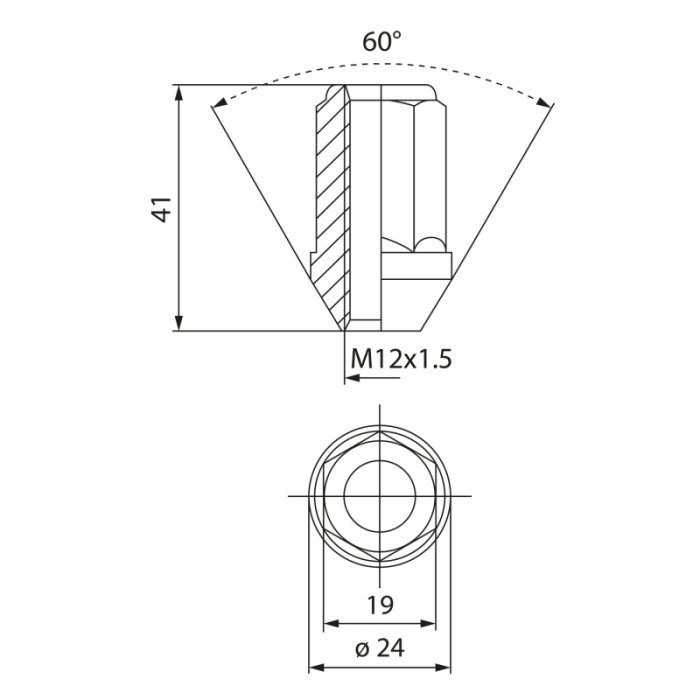 Гайка колёсная посадка конус, резьба M12 x 1.5 mm; H=41mm, сталь, EvoCorse CM0751000040