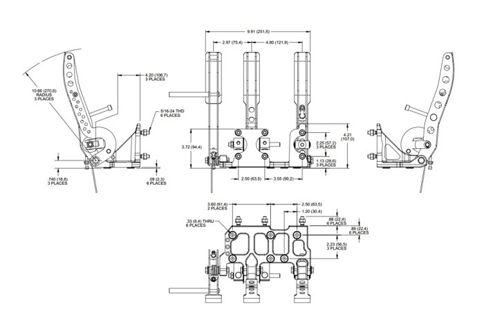Педальный узел, напольное крепление, три педали; 5,25:1, под три цилиндра Wilwood, 340-12411