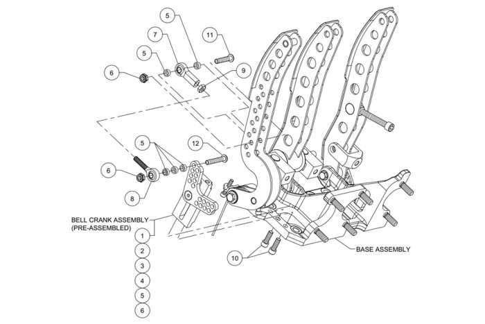 Педальный узел, напольное крепление, три педали; 5,25:1, под три цилиндра Wilwood, 340-12411