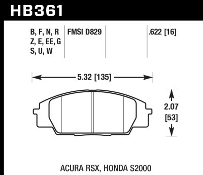 Колодки тормозные HB361U.622 HAWK DTC-70 Honda S2000/Civic Type &quot;R&quot;, Acura RSX 16 mm