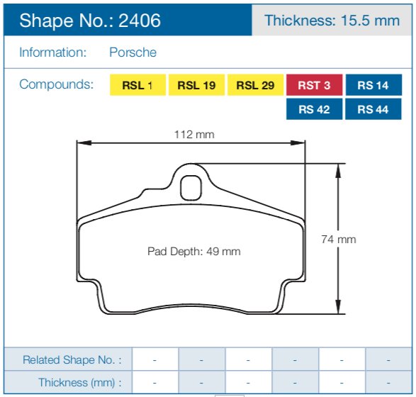 Колодки тормозные 2406-RS14 PAGID RS14 задние PORSCHE 718 Cayman, Boxter; 997 3,6 05-09; 996 97-05