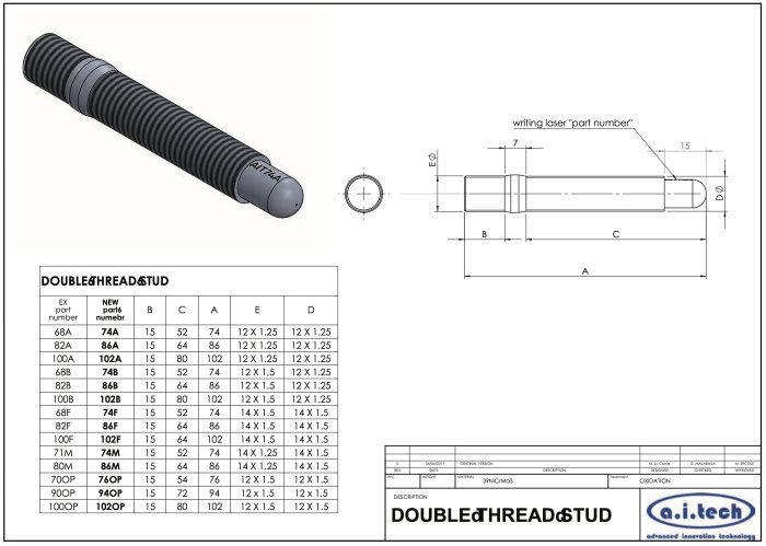 Шпилька колёсная, резьбы: ступица M12 x 1.5 mm, гайка M12 x 1.25 mm; L=86mm, A.I. TECH AIT-86B
